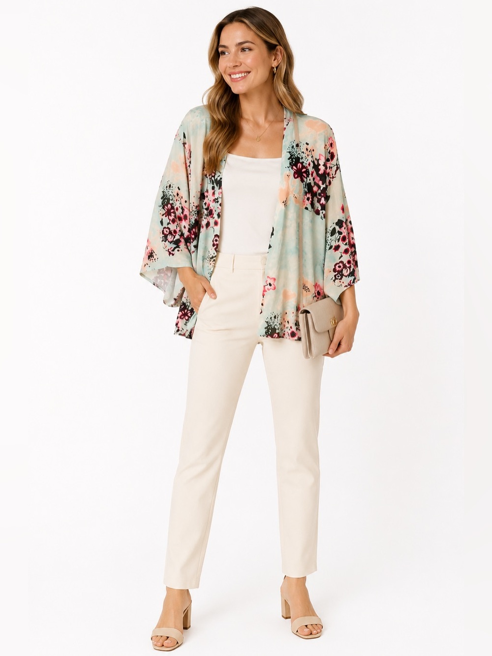 Floral Watercolor Kimono Cardigan in Mint and Coral